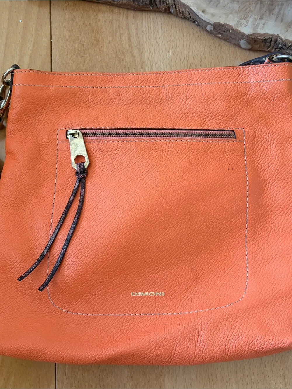 Dimoni Orange Leather Crossbody Bag with Tan Strap